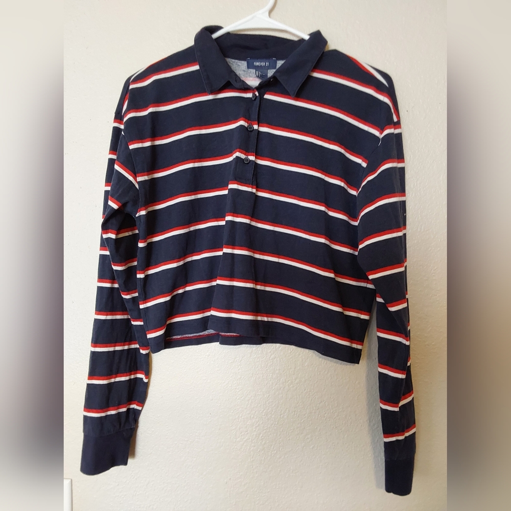 Forever 21 Tops, Women's Large, Navy Blue with Red & White Stripes Polo Crop Top